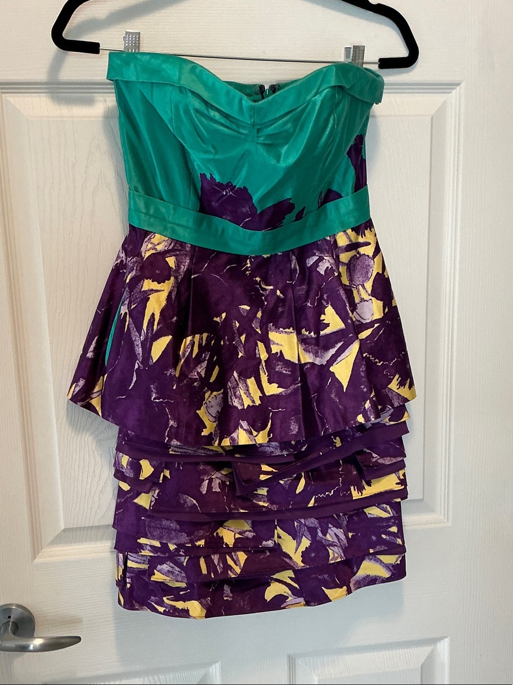 Strapless Teal, Purple and Yellow Floral Tiered Party Dress